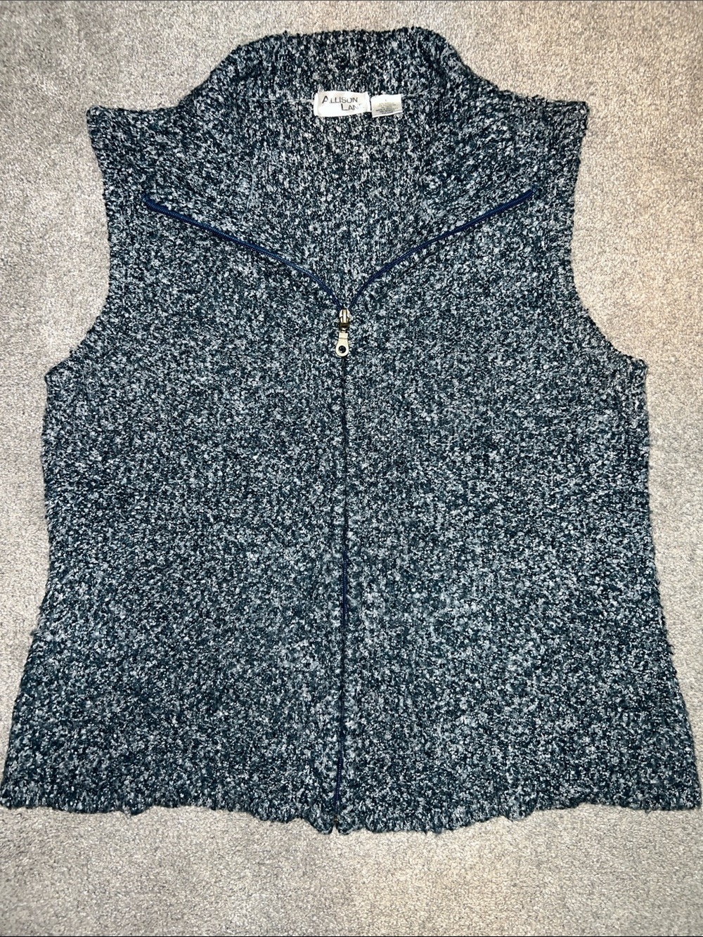 Allison Lane Blue White Marled Sweater Vest Womens Large Full Zip Mock Neck